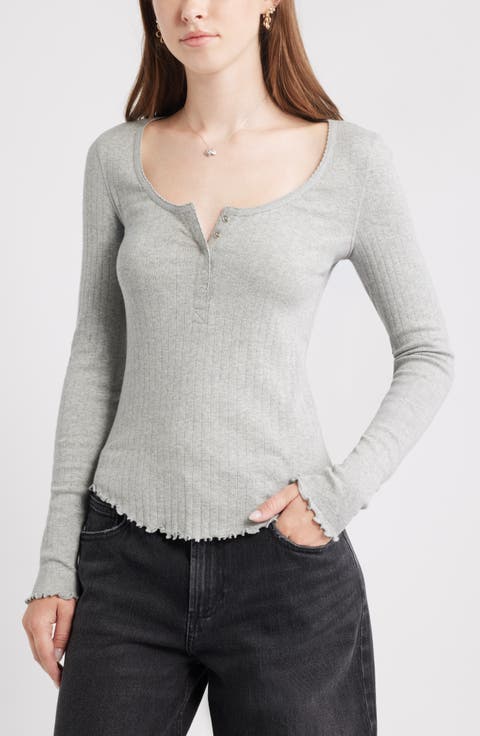 Cotton Blend Pointelle Henley Top