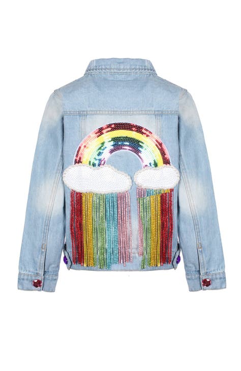 LOLA + THE BOYS CRYSTAL RAINBOW HEART DENIM DRESS