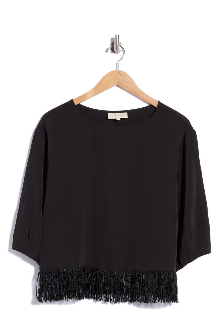 Fringe Trim Woven Top, Main, color, BLACK