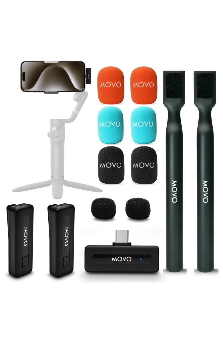 MOVO Wireless Mini UC Duo Dual Ultra Compact Wireless Lavalier Microphones for iPhone 15 and up with Handheld Adapter, Main, color, Black