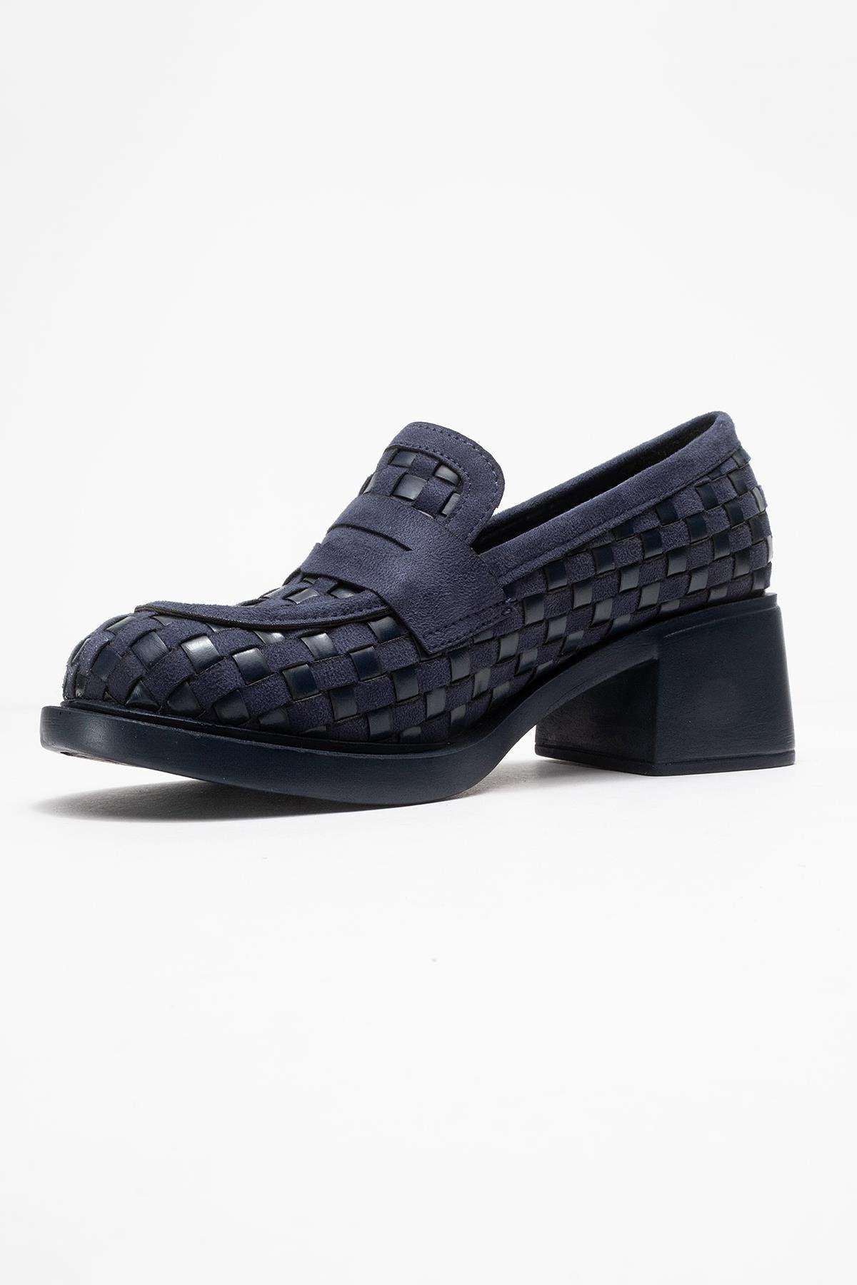 Prologue Shoes Marlon Woven Block Heel Loafer, Alternate, color, Navy Faux Leather