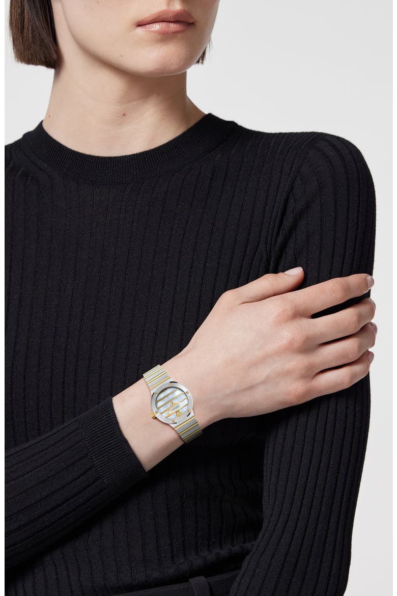 Greca Logo Mother-of-Pearl Bracelet Watch, 33mm, Alternate, color, WHITE/ TWO TONE
