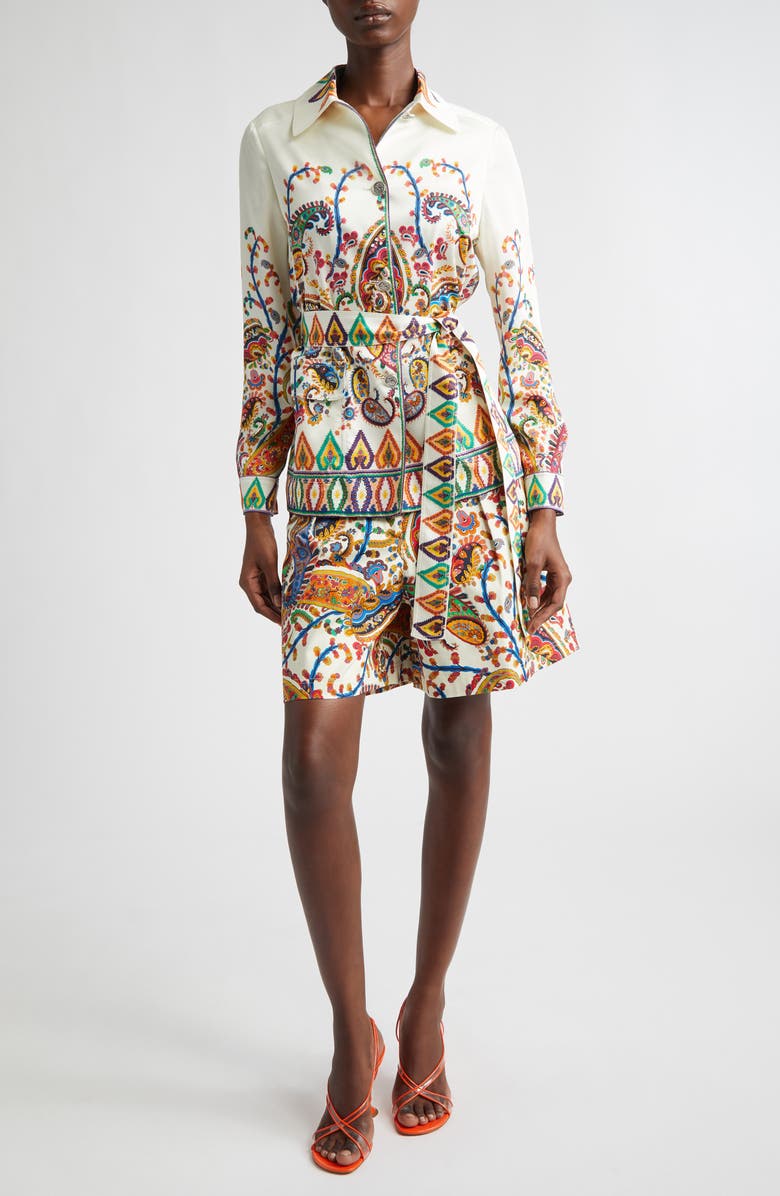 Etro Paisley Pleated Stretch Cotton Bermuda Shorts, Alternate, color, Print On White Base