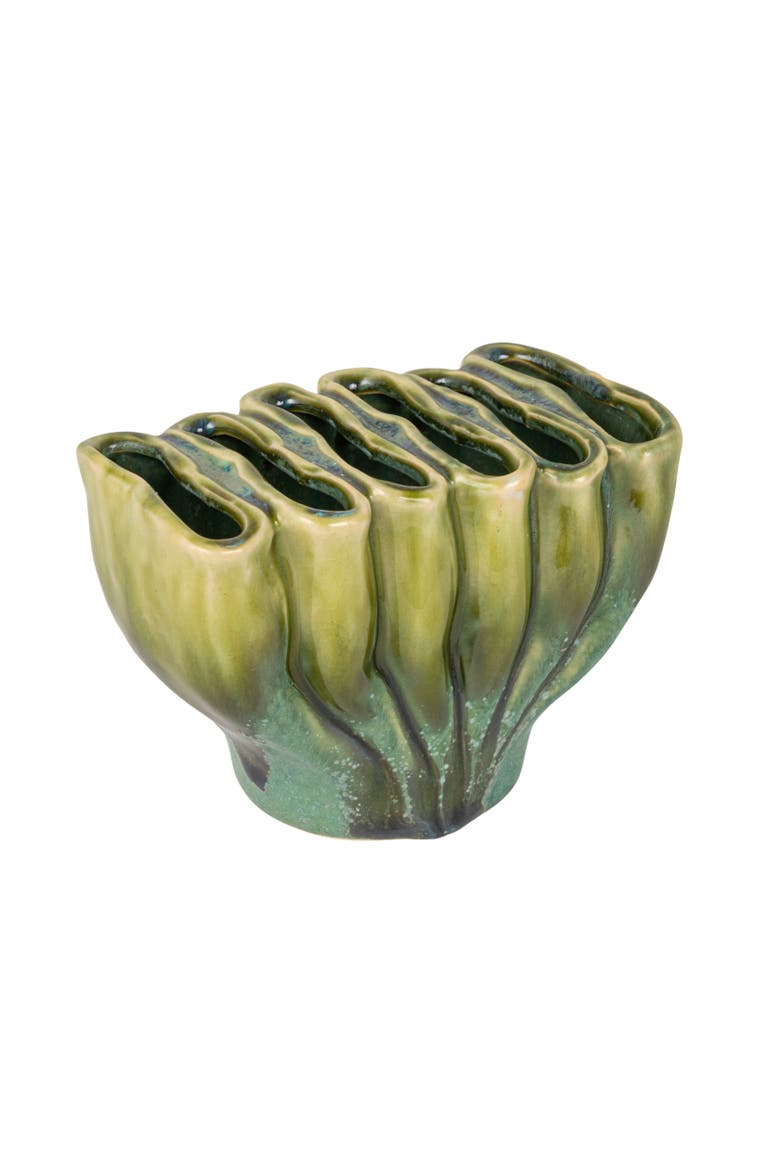 Stoneware Sculptural Vase with 6 Sections with Reactive Glaze, Main, color, Green
