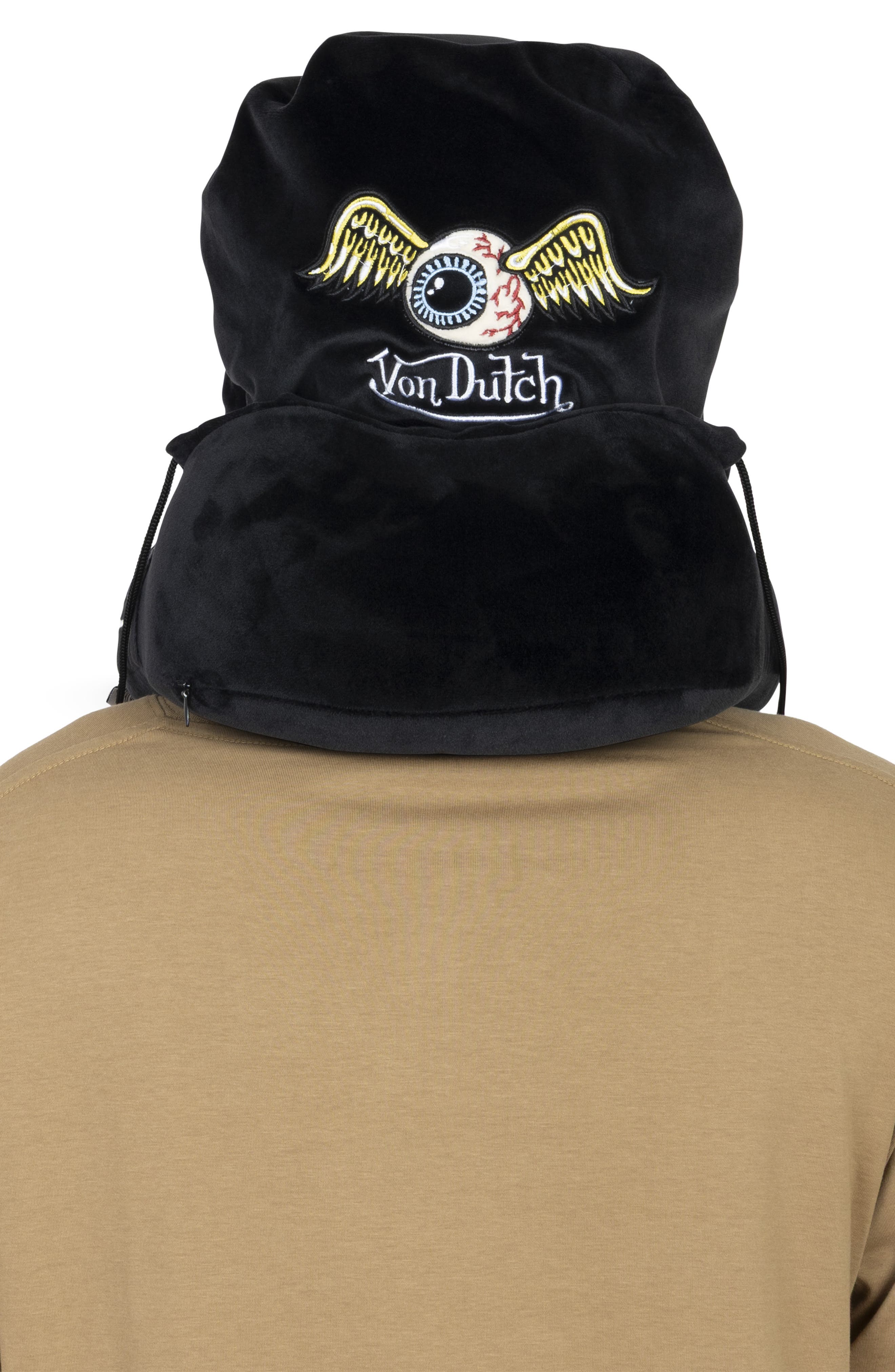 Von Dutch Eyeconic Hooded Ergonomic Memory Foam Travel Neck Pillow, Alternate, color, Black