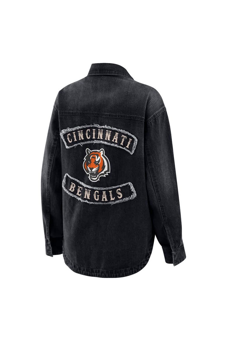 Women's WEAR by Erin Andrews Black Cincinnati Bengals Washed Oversized Denim Full-Snap Shacket, Alternate, color, Black