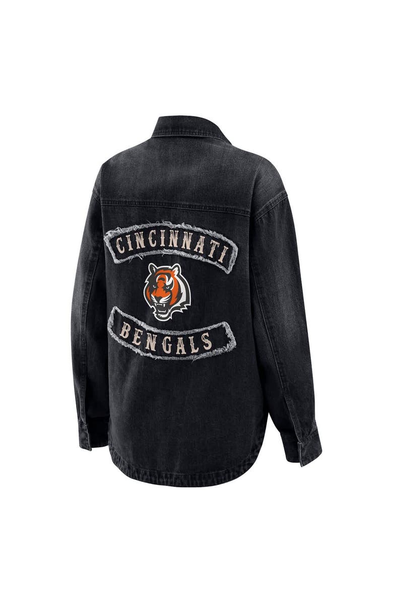 WEAR by Erin Andrews Women's WEAR by Erin Andrews Black Cincinnati Bengals Washed Oversized Denim Full-Snap Shacket, Alternate, color, Black