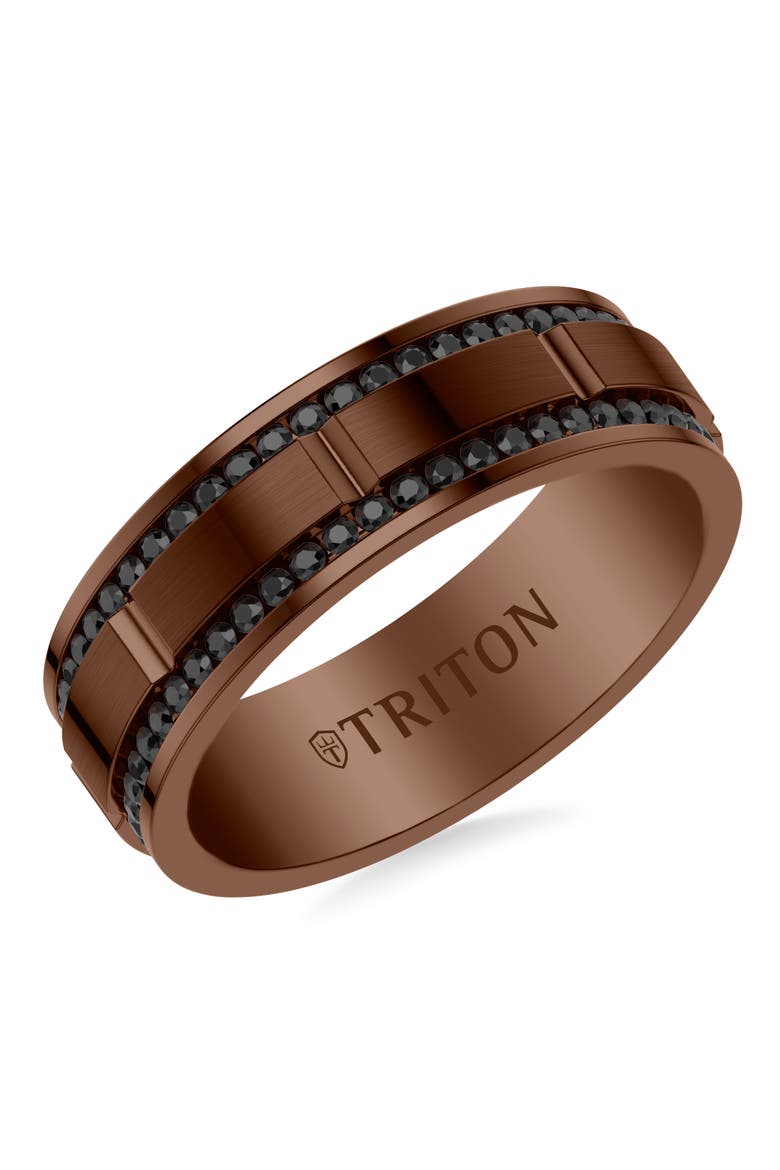8MM Espresso Tungsten Black Sapphire Double Row Eternity Ring  with Polish Center Finish and Bevel Edge, Main, color, Brown