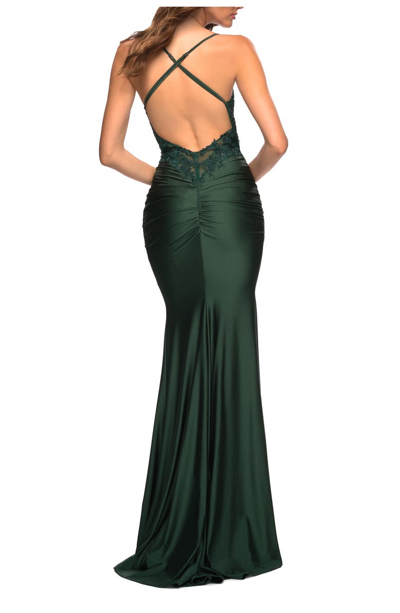 La Femme Jewel Tone Jersey Gown with Sheer Lace Bodice, Alternate, color, Dark Emerald