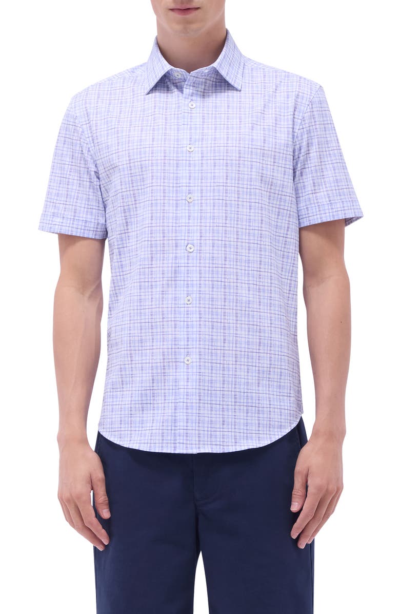 Bugatchi Miles OoohCotton<sup>®</sup> Plaid Short Sleeve Button-Up Shirt, Main, color, Air Blue
