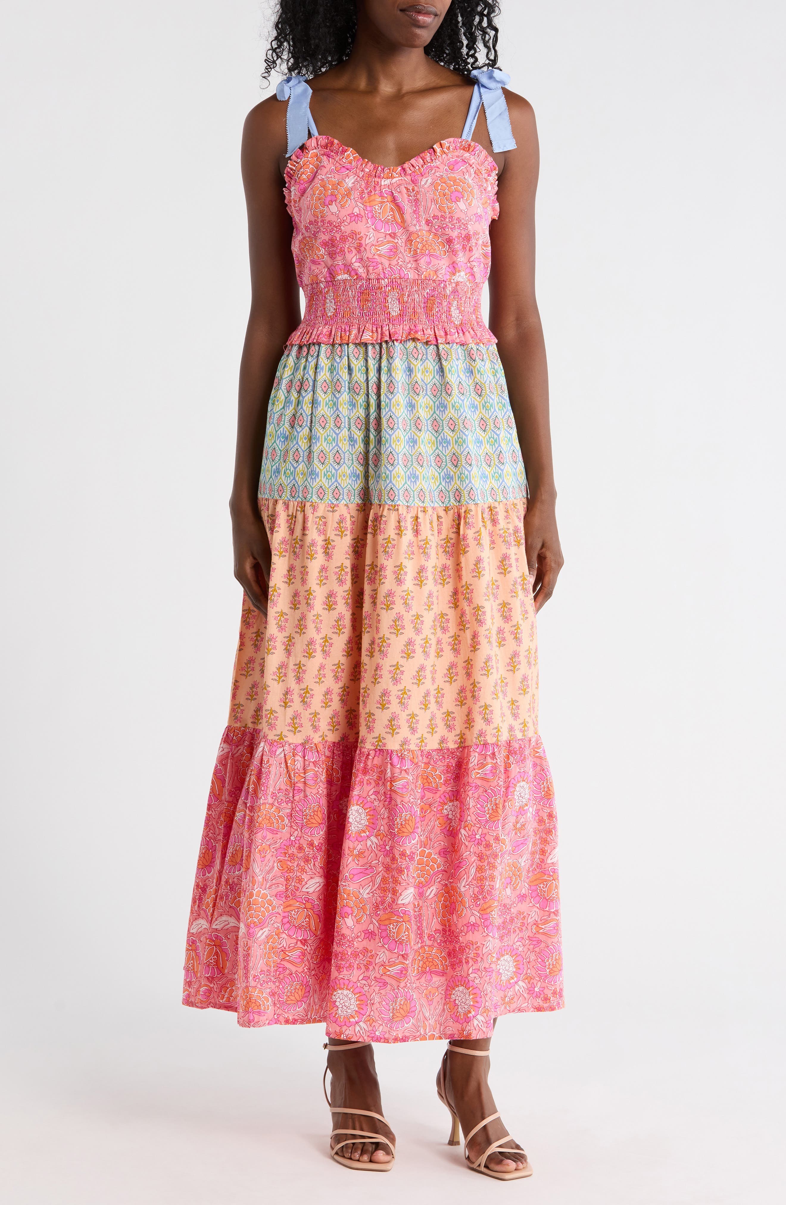 Maisie Tie Strap Smocked Tiered Cotton Maxi Dress