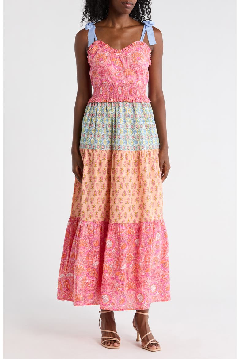 Tie Strap Smocked Tiered Cotton Maxi Dress, Main, color, PINK/ ORANGE/ TURQ