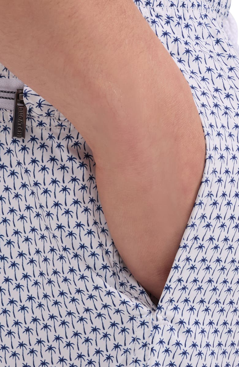 Bugatchi Kai Palm Print Swim Trunks, Alternate, color, White