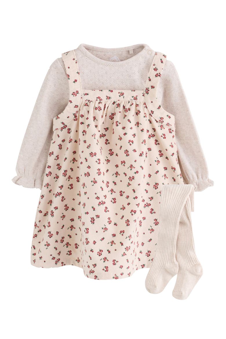 Floral Corduroy Pinafore, Bodysuit & Tights Set, Main, color, NEUTRAL