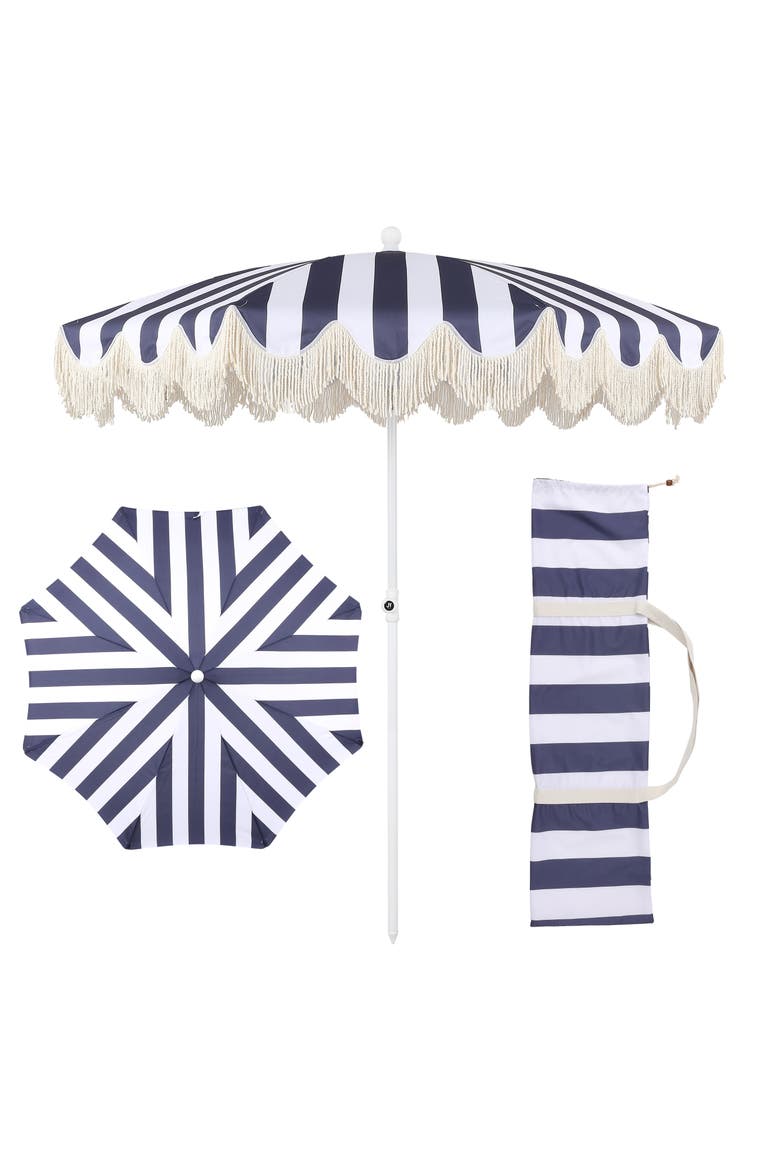Mariner Coastal Round Outdoor Beach Umbrella with Fringe Trim, Push-Button Tilt, UV 50 Canopy and Wood-Finish Pole, Main, color, Navy/White - White Pole
