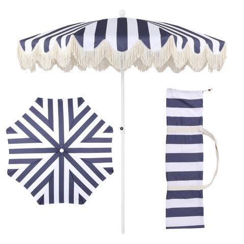Mariner 6.5 ft. Classic Cottage Fringe Tassel Market Beach Umbrella with Push Button Tilt