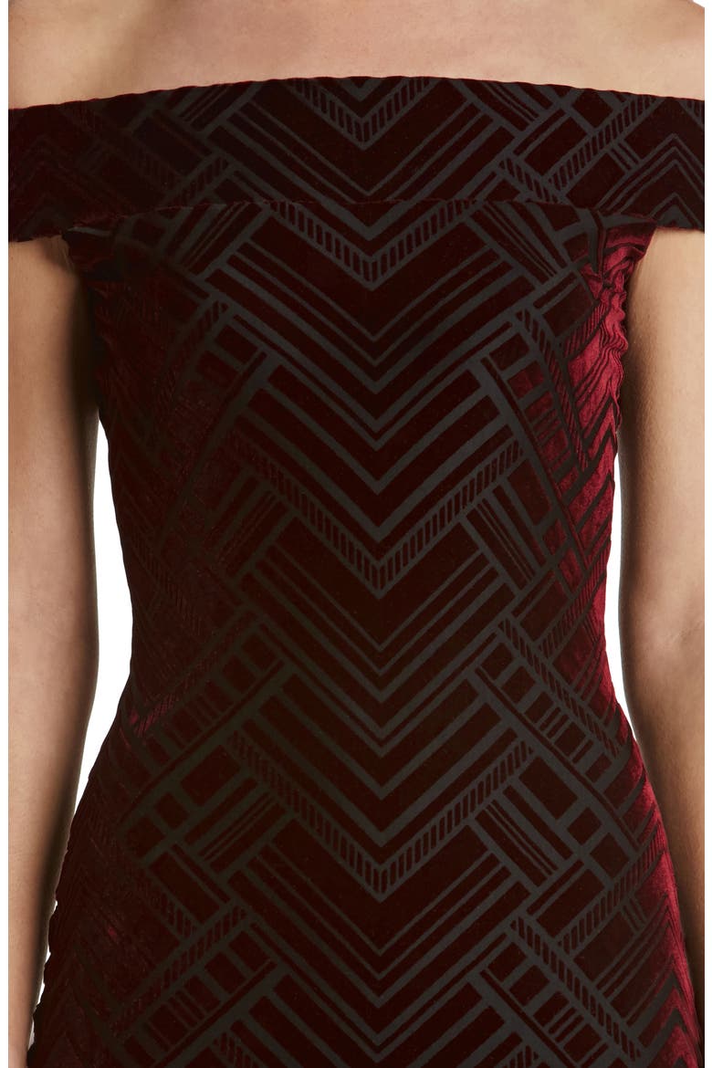 Eden Geo Print Velvet Off the Shoulder Dress, Alternate, color, BURGUNDY/ BLACK