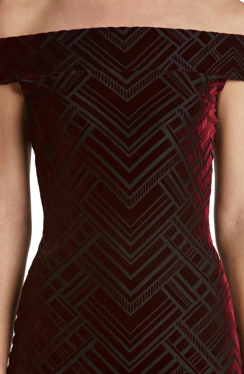 Dress the Population Eden Geo Print Velvet Off the Shoulder Dress, Alternate, color, Burgundy/ Black