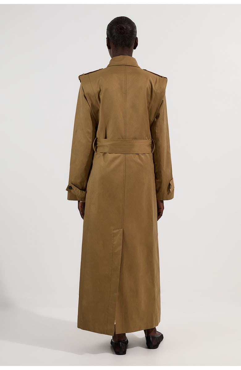 Karen Millen Strong Shoulder Belted Maxi Trench Coat, Alternate, color, Olive