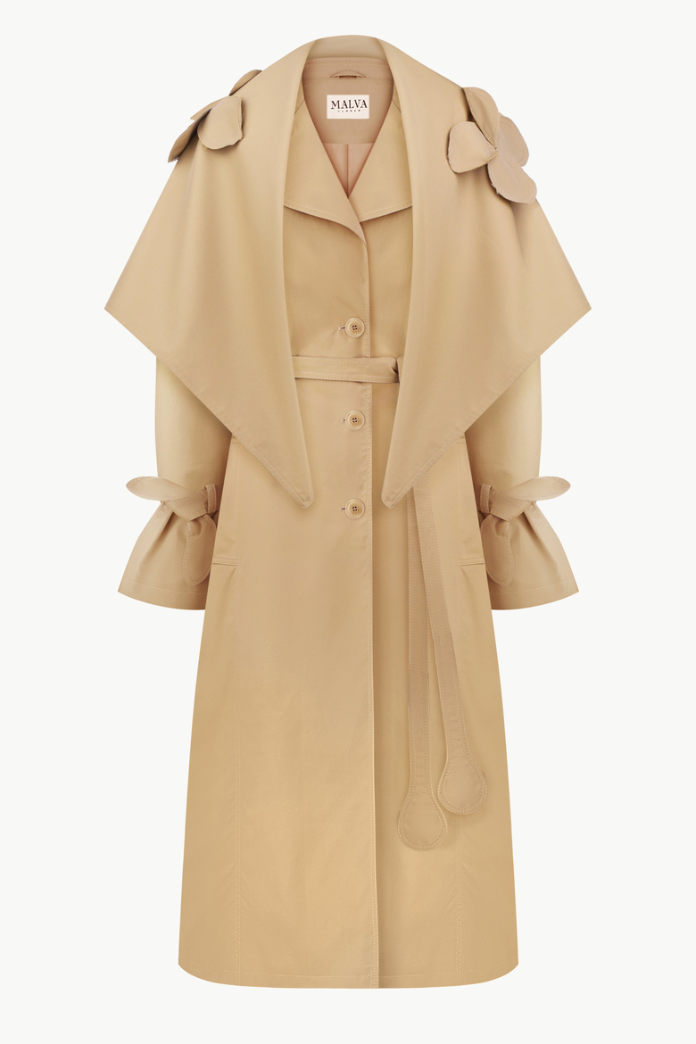 Relaxed Trench Coat With Detachable Scarf and Floral Appliques, Main, color, Beige
