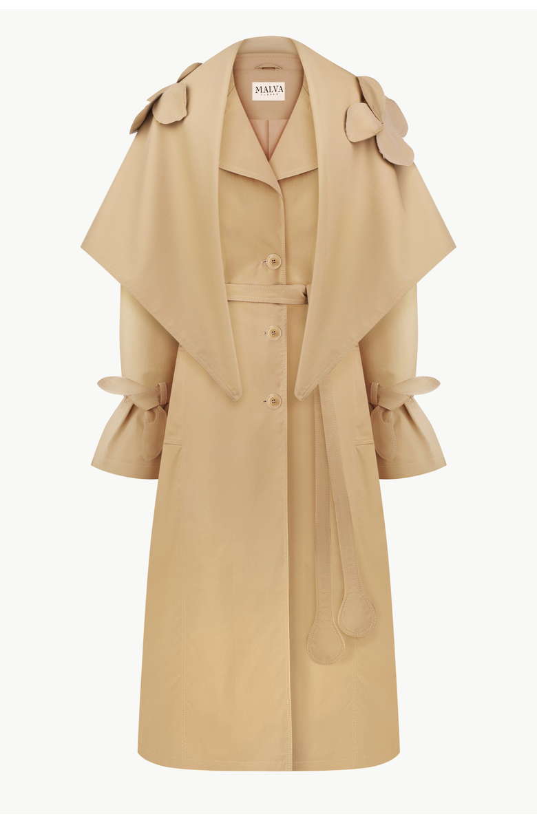 Malva Florea Relaxed Trench Coat With Detachable Scarf and Floral Appliqus, Main, color, Beige