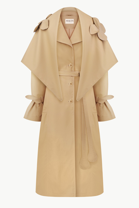 Relaxed Trench Coat With Detachable Scarf and Floral Appliqus