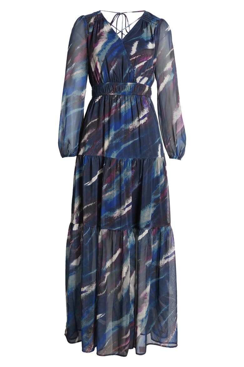 Print Long Sleeve Chiffon Maxi Dress, Alternate, color, NAVY MULTI WATERCOLOR