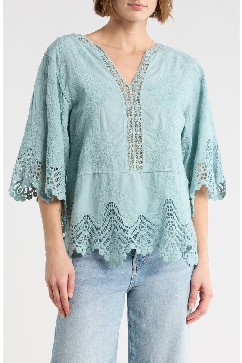 Crochet Cotton Peplum Top, Main, color, AQUA HAZE