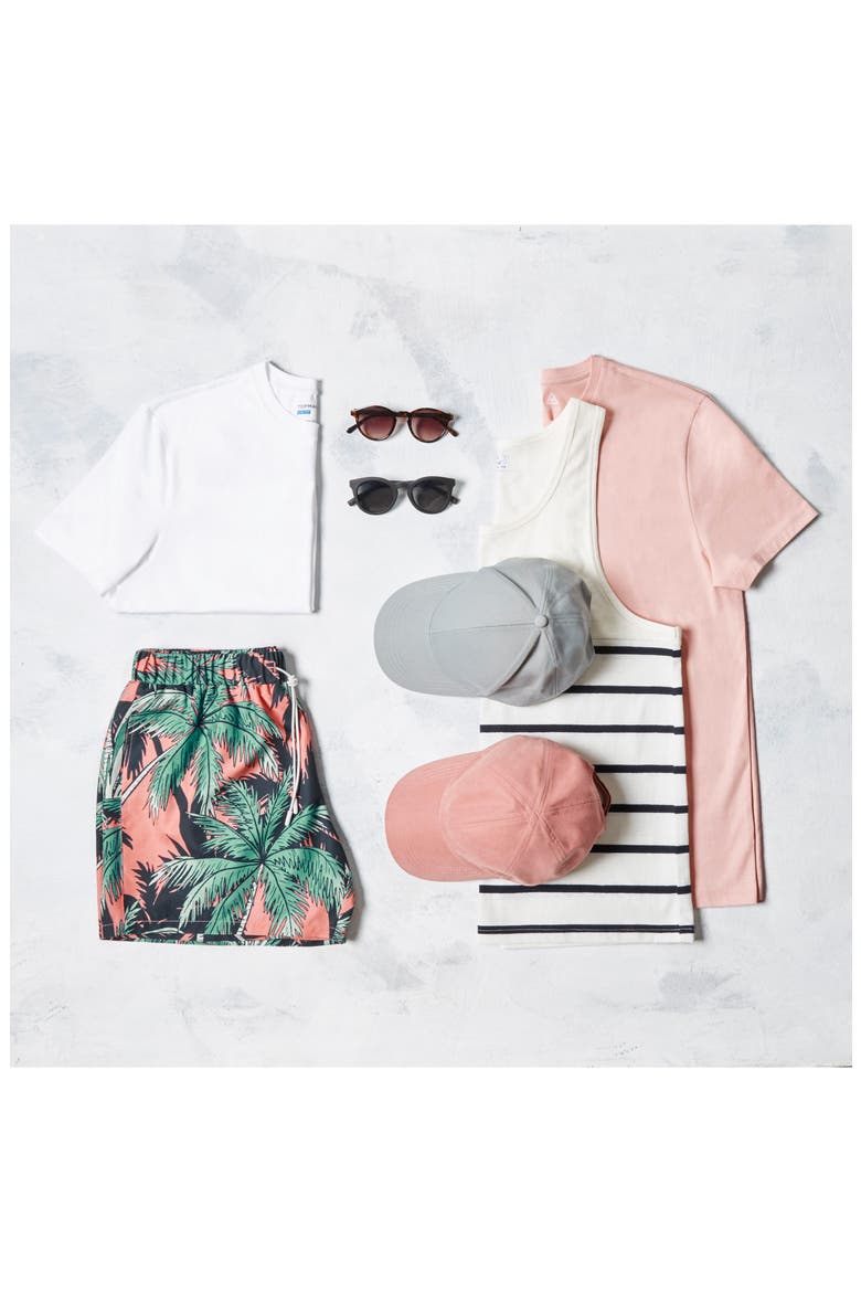Palm Print Swim Trunks, Alternate, color, PINK MULTI