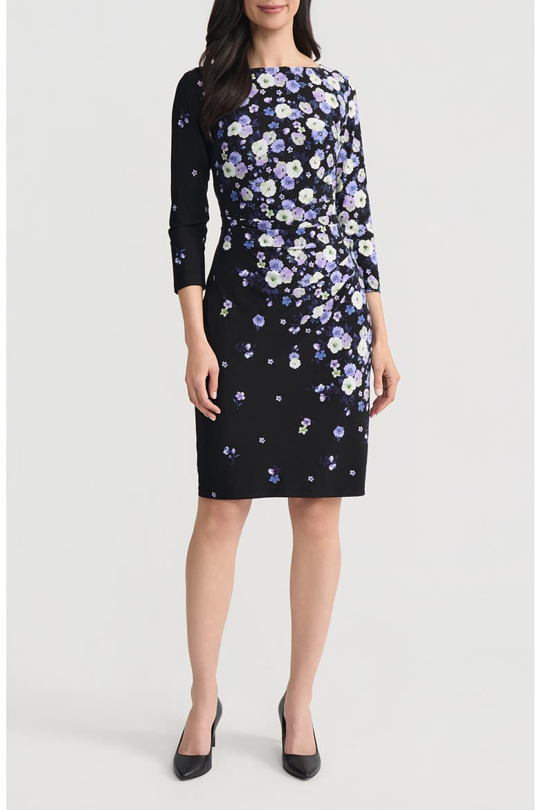 Floral Print Pleated Sheath Dress, Main, color, BLACK MULTI