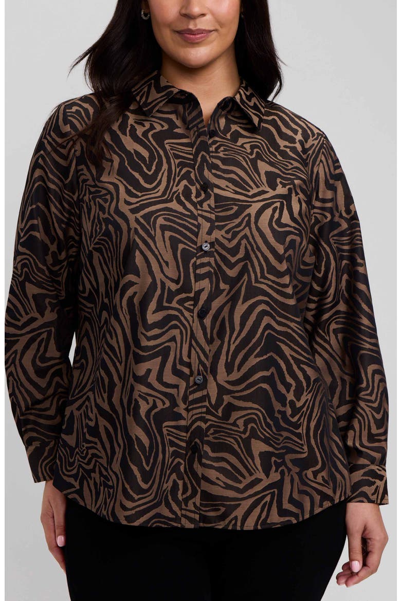 Hampton Zebra Print Cotton Blend Button-Up Shirt, Main, color, ALMOND BROWN/ BLACK