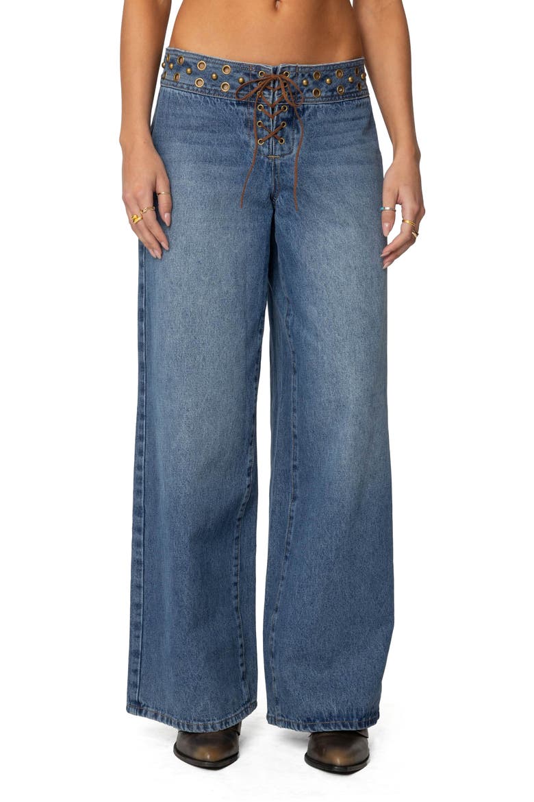 Stud & Grommet Wide Leg Jeans, Main, color, BLUE-WASHED
