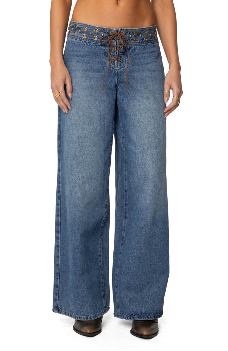 EDIKTED Stud & Grommet Wide Leg Jeans, Main, color, Blue-Washed