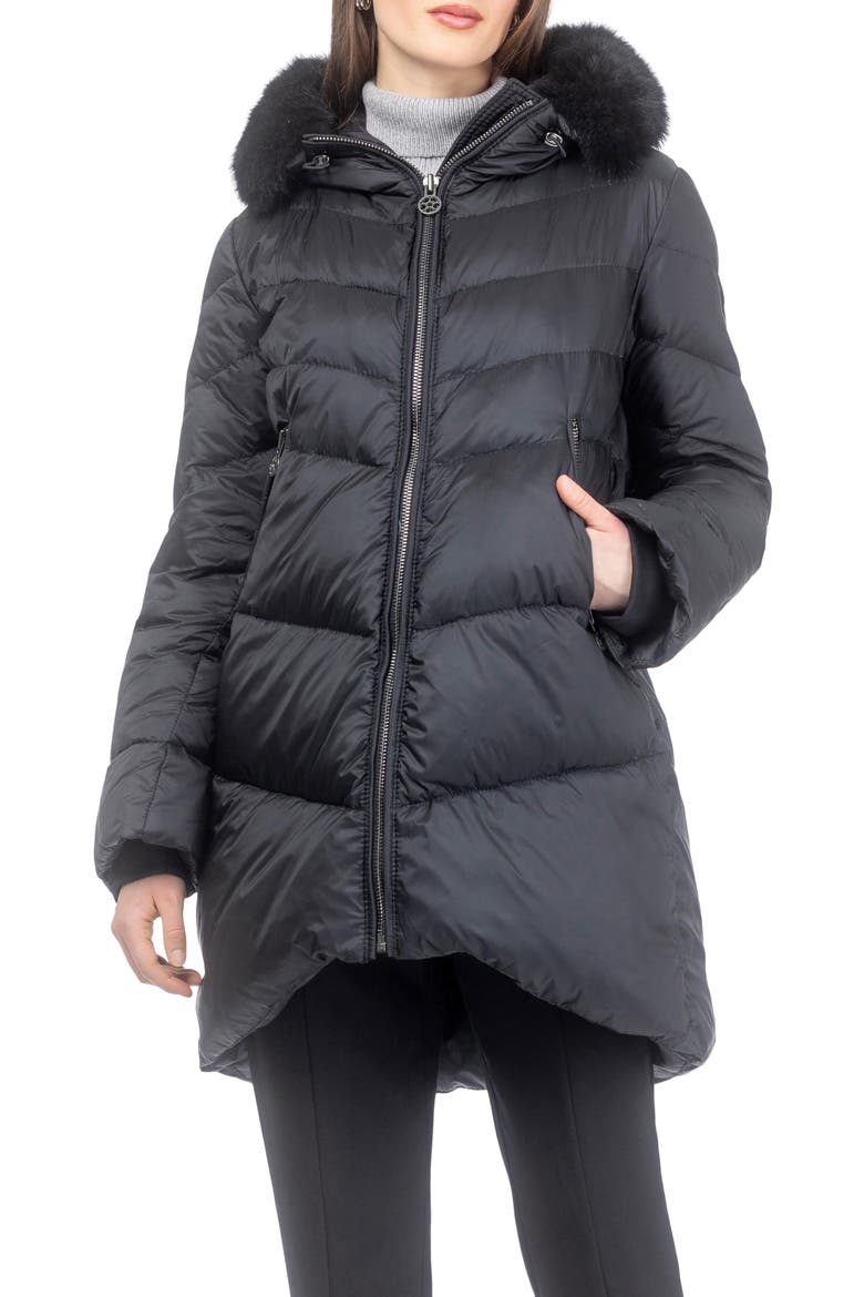 Apres-Ski Chevron Long Parka with Detachable Toscana Lamb Hood Trim, Main, color, Black/Black