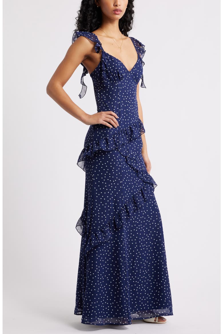 Asymmetric Ruffle Tiered Maxi Dress, Alternate, color, NAVY- WHITE MYLA DOT