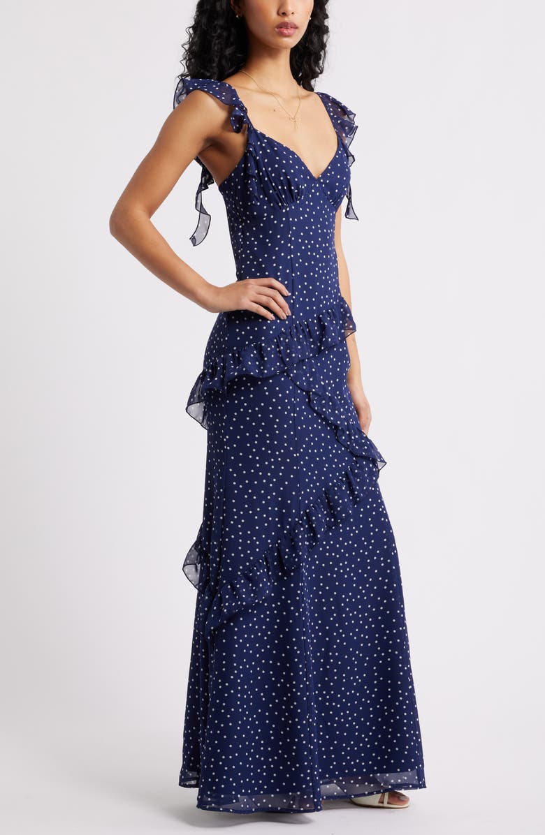BP. Asymmetric Ruffle Tiered Maxi Dress, Alternate, color, Navy- White Myla Dot
