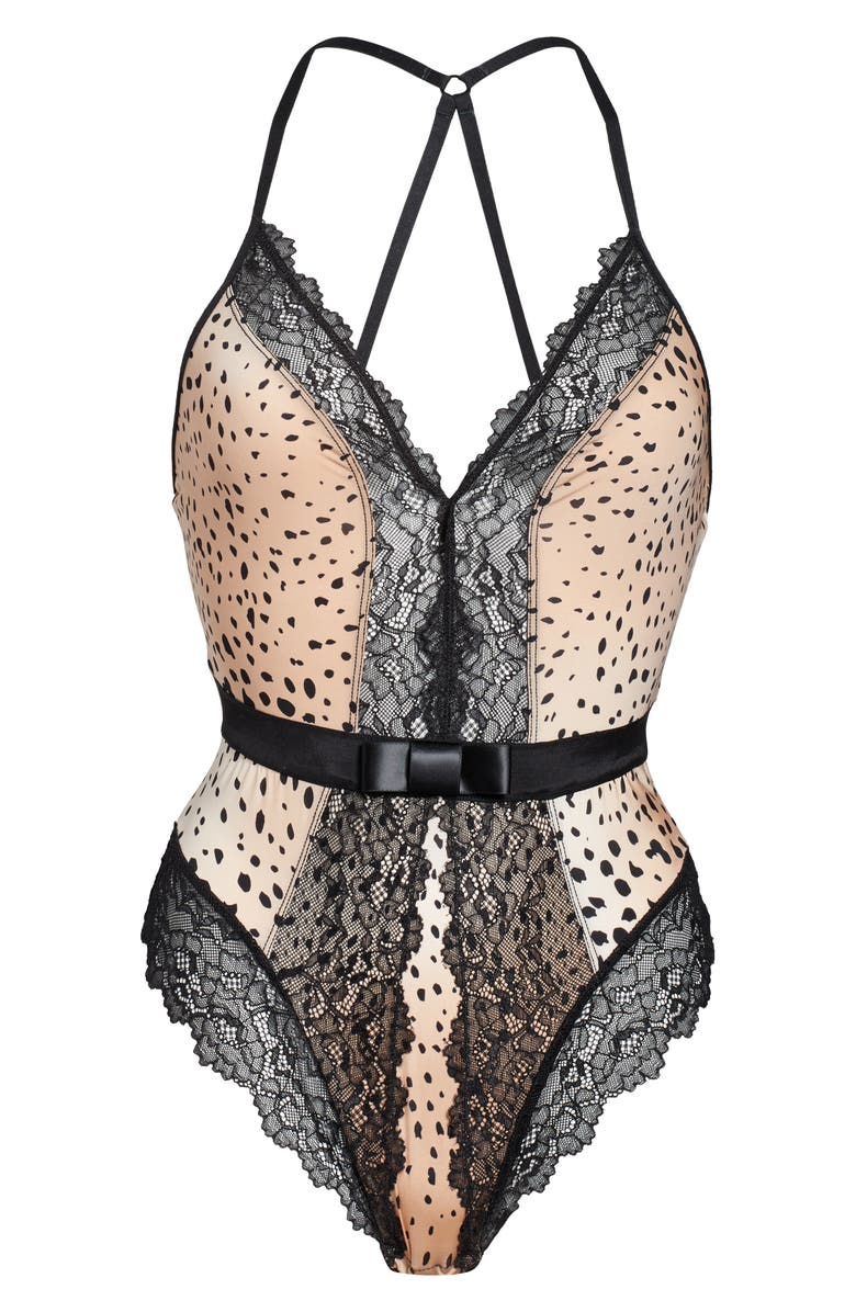 Black Bow Henny Satin & Lace Thong Bodysuit, Alternate, color, Organic Animal