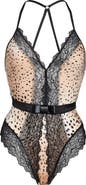 Black Bow Henny Satin & Lace Thong Bodysuit