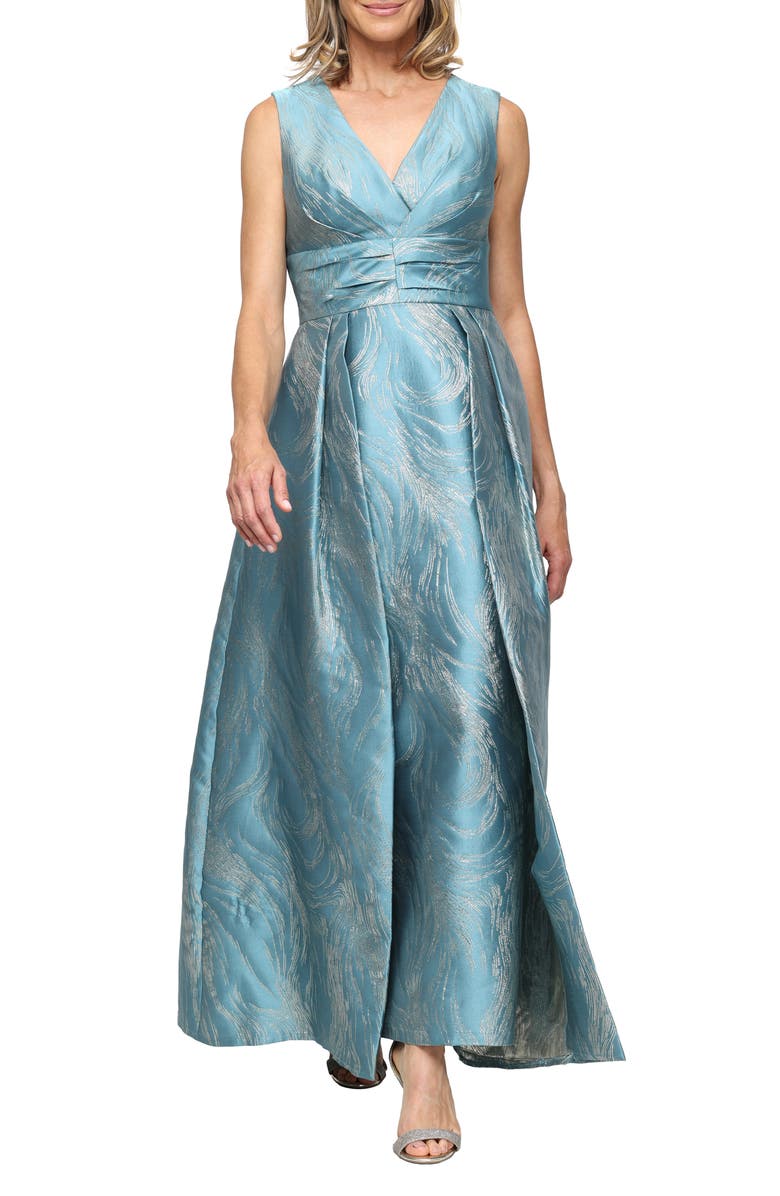 Alex Evenings Metallic Jacquard Gown, Main, color, Teal Gold