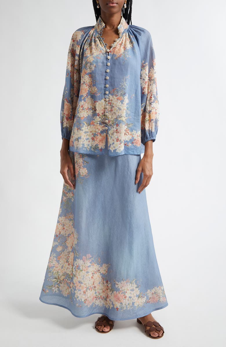 Zimmermann Cascadian Bias Cut Linen Maxi Skirt, Main, color, Blue Botanical Floral