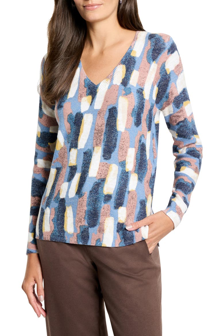 Brushstrokes Waffle Stitch V-Neck Sweater, Main, color, NEUTRAL MULTI