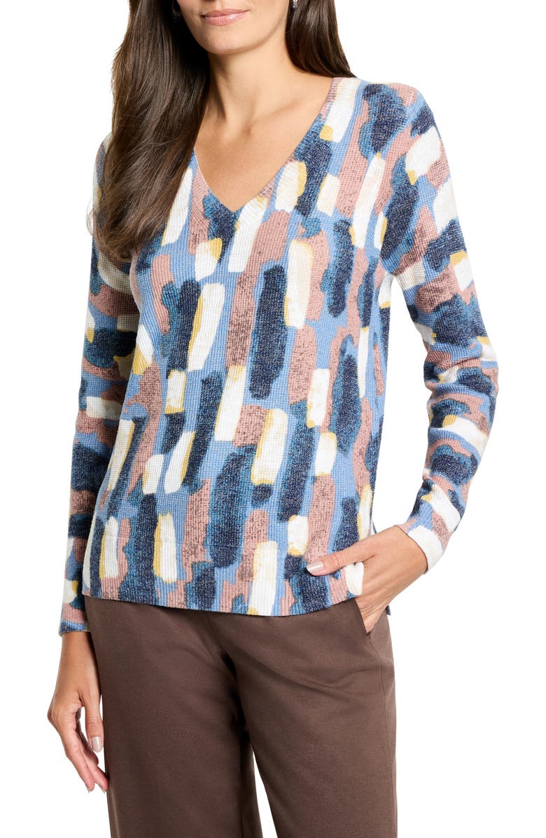 Brushstrokes Waffle Stitch V-Neck Sweater