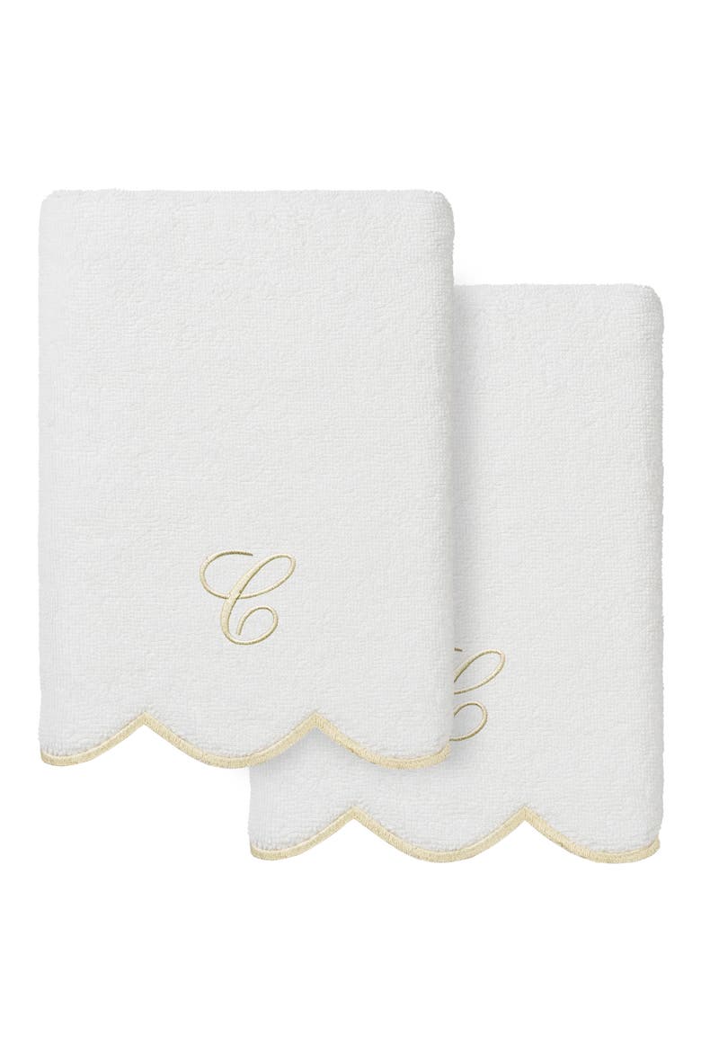 Adornia Scallop Set of 2 Monogrammed Hand Towels, Main, color, WHITE/ BEIGE C