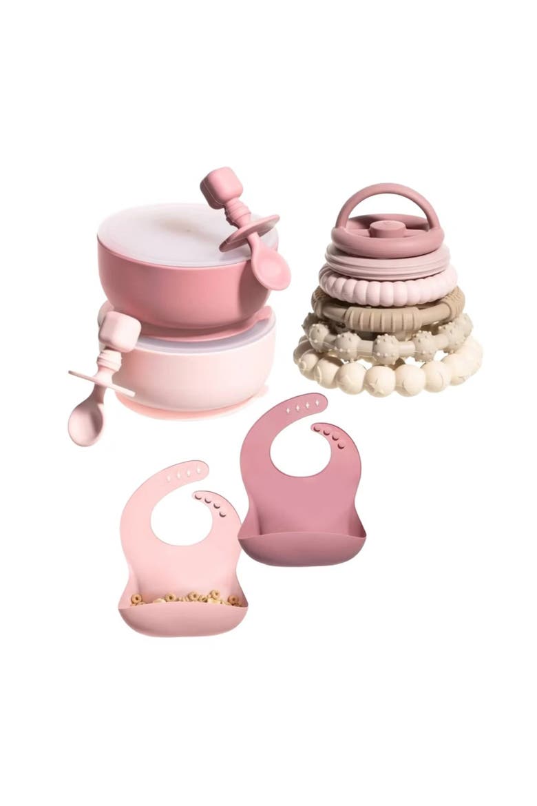 Silicone Suction Bowl Set with Lids and Spoons, Waterproof Bibs, Stacking Teether Toys, BPA Free Baby Shower Kit, Main, color, Pink