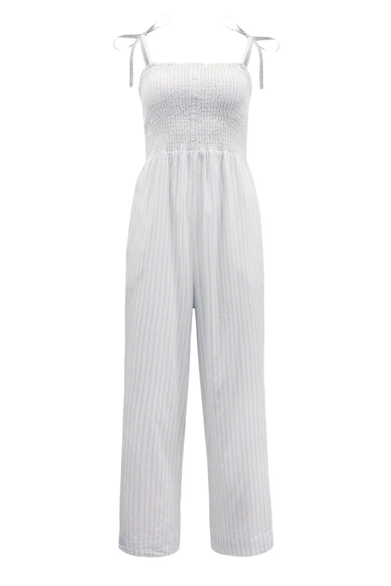 Women's Organic Smocked Button Front Jumpsuit, Alternate, color, Classic Blue Ticking Stripe