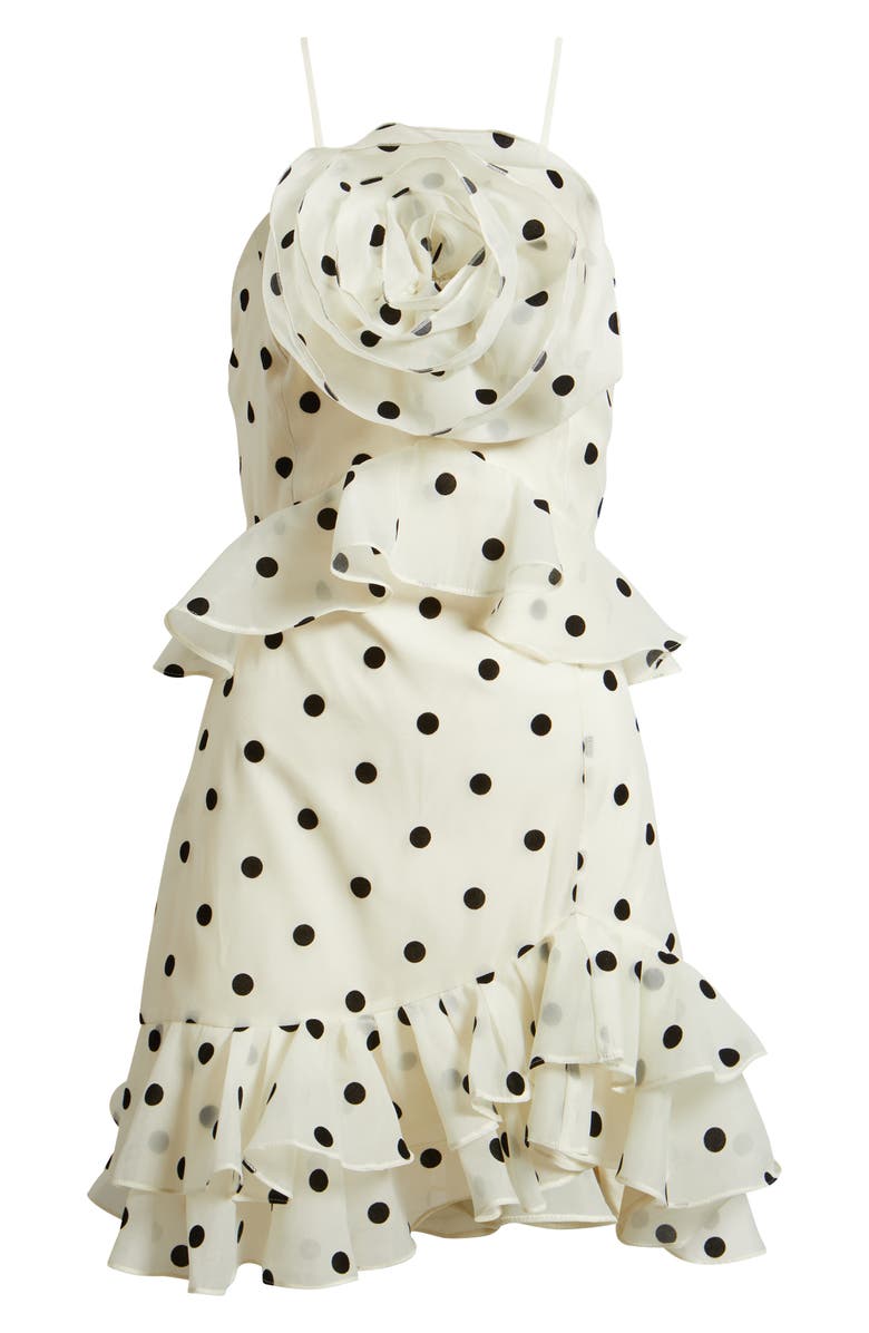 Lucy Paris Remy Polka Dot Rosette Ruffle Minidress, Alternate, color, Cream Black