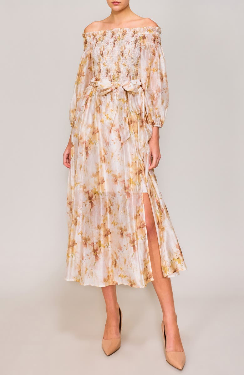 MELLODAY Smocked Bodice Long Sleeve Organza Midi Sundress, Main, color,