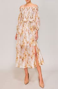 MELLODAY Smocked Bodice Long Sleeve Organza Midi Sundress