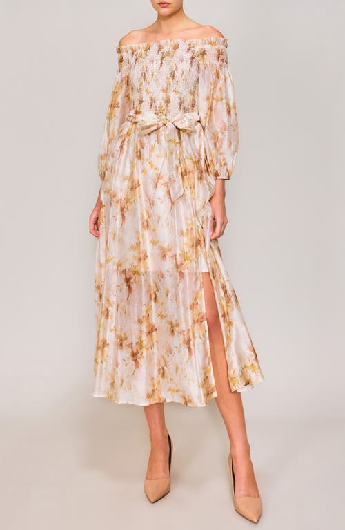 Melloday Smocked Bodice Long Sleeve Organza Midi Sundress In Blush Floral