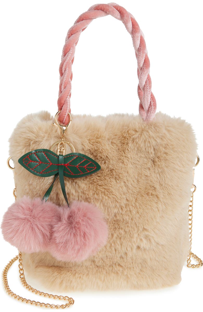 Ruby & Ry Kids' Blush Pom Faux Fur Top Handle Bag, Main, color,